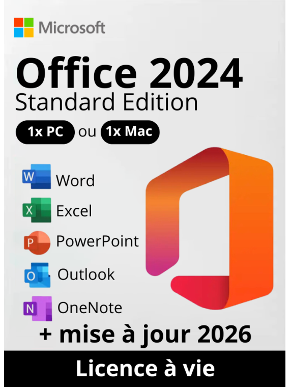 Microsoft Pack Office 2024 + Mise à jour 2026 - Licence à vie  - Valable pour 6 ordinateurs