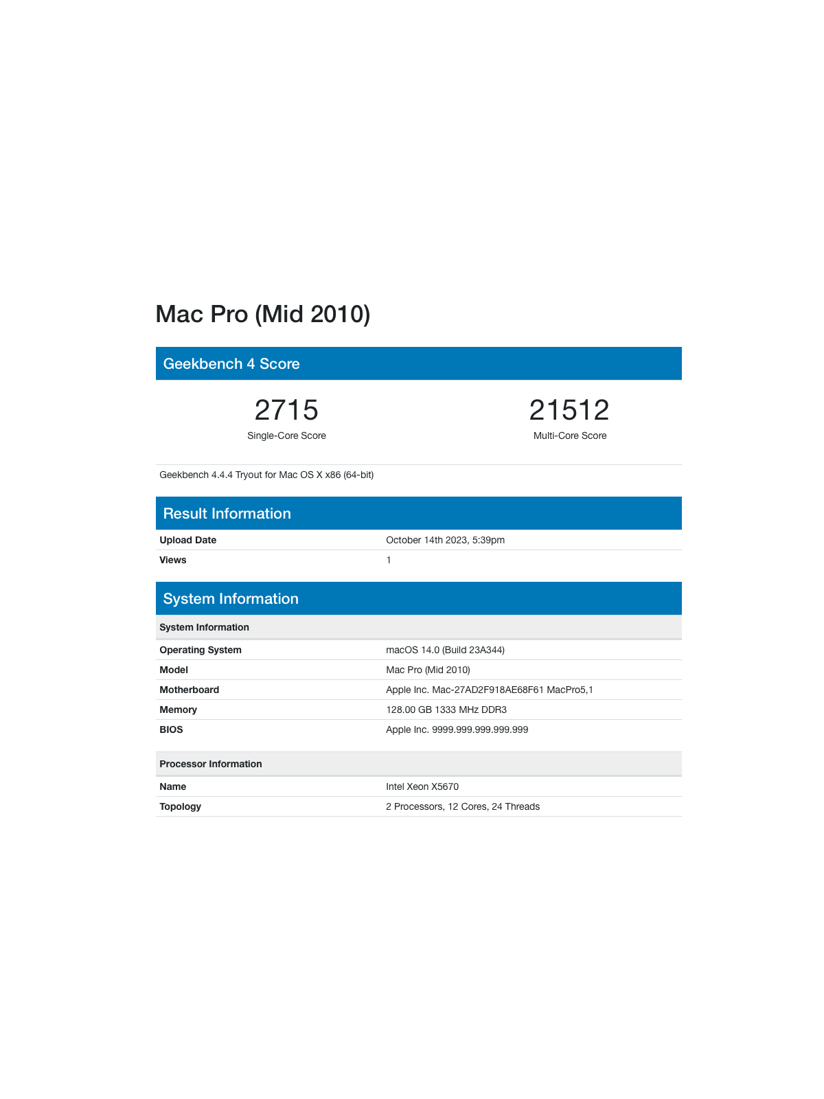 Mac Pro 5.1 - 2x Xeon 3,46GHz  - Ram 128Go